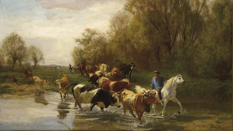 Rudolf Koller Kuhe mit Reiter am Wasser beim Zurichhorn Spain oil painting art